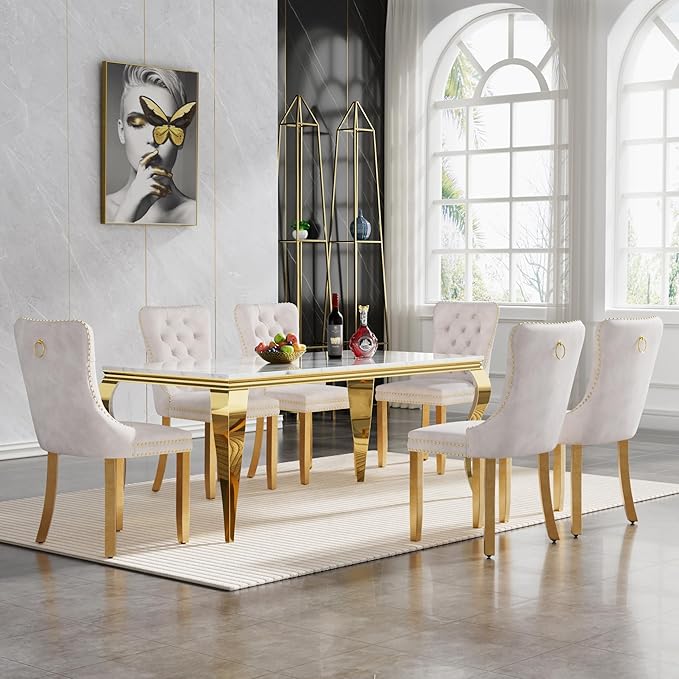 70" Marble Dining Table Set for 6, Modern 7 Piece Dining Room Table Set with White Faux Marble Dining Table & 6 Beige Velvet Upholstered Chairs, Luxury Gold Kitchen Table Chairs Set of 6