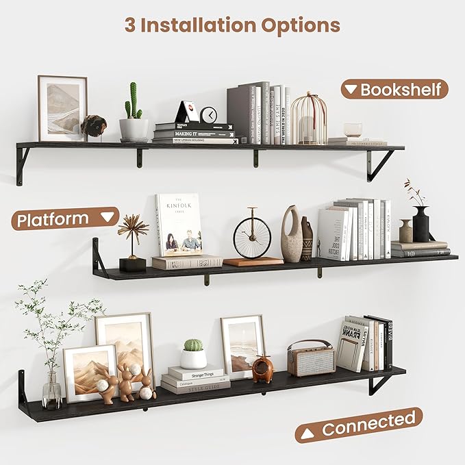 Axeman Black Floating Shelves for Wall 55 Inch | 55W x 8D Rustic Floating Shelves Set of 2 | 8" Deep Wall Shelves for Bathroom Kitchen Living Room | Bookshelf Display Shelves - Black