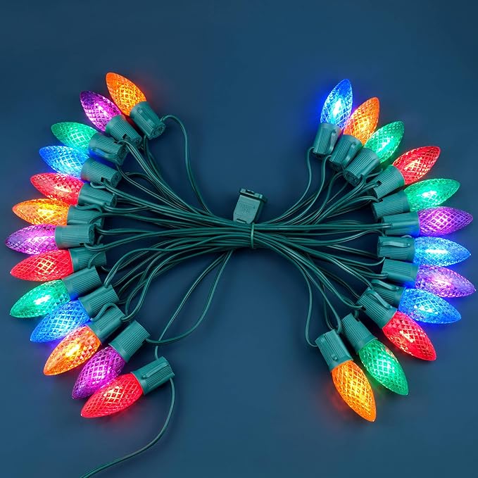 YULETIME Multicolor C9 LED Christmas Lights, 25 Feet 25 Count 12" Spacing Faceted Strawberry Bulbs UL Certified Outdoor String Light Set (Multicolor)