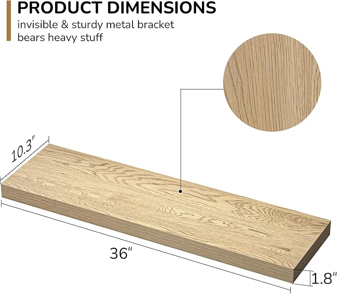 Fun Memories Floating Shelves - 10.3 Inch Deep Wall Shelf for Decor & Storage - Wall Mounted Display Shelving with Invisible Heavy-Duty Metal Bracket - 36"x 10.3"x1.8" 1Pack, Oak