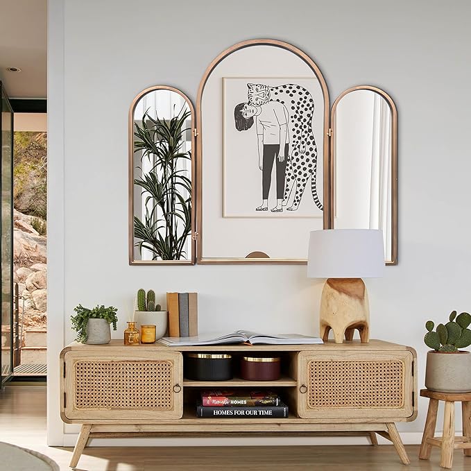 3 Way Mirror Bathroom, Trifold Vanity Mirrors for Bathroom Bedroom, Large Arch Mirrors Decorative Vintage Gold, Adjustable Makeup Mirror for Braiding Hair 360° Way Tabletop & Wall Mounted