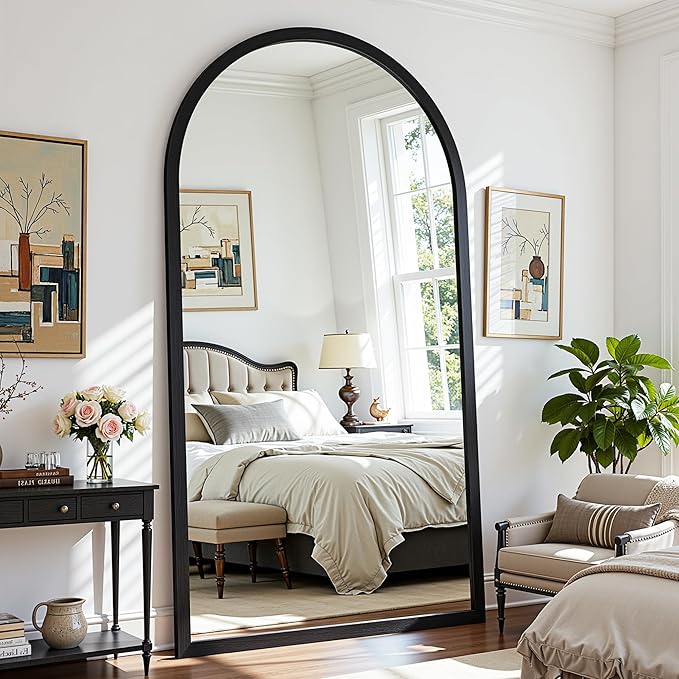 Full Length Mirror 76"×41" Floor Mirror Standing Tall Mirror, Arched Stand up Large Wall Mirrors, Freestanding Full Body Mirrors for Bedroom Living Room Wood Antique Style Black