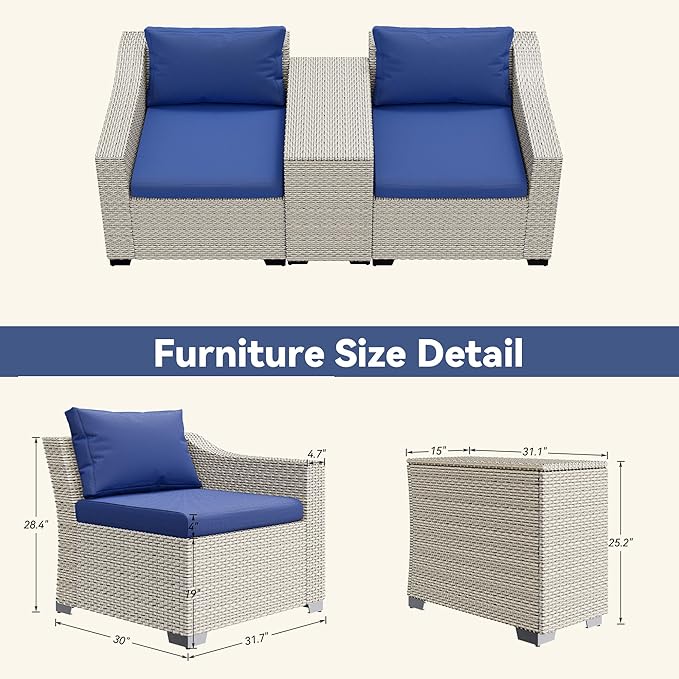 LHBcraft Patio Conversation Set Rattan Outdoor Sectional Furniture Sofa Set Wicker Couch with Coffee Table and Cushions for Poolside, Backyard (White-Blue, 3-PCS)