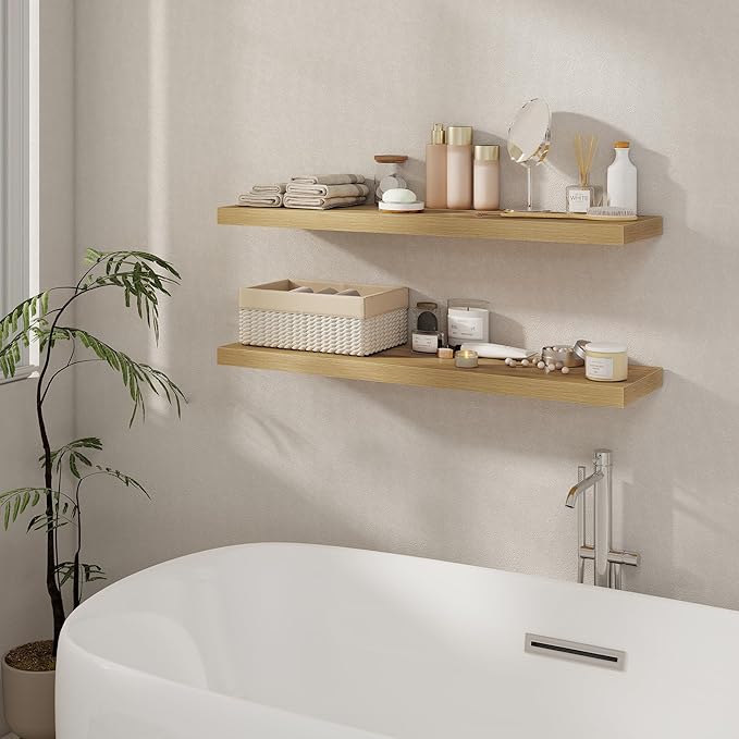 40 Inch Floating Shelves Set of 2, 8 Inch Deep Wall Shelf, Rustic Wood Storage Shelves for Bedroom, Kitchen, Bathroom, Wall-Mounted Shelf with Invisible Brackets for Books|Storage|Decor, Oak