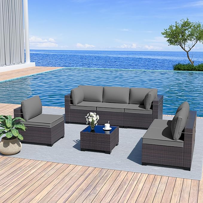 Kurapika 7 Pieces Patio Furniture Set, Rattan Wicker Outdoor Conversation Sets w/4 Inch Cushion and Glass Coffee Table(Grey)
