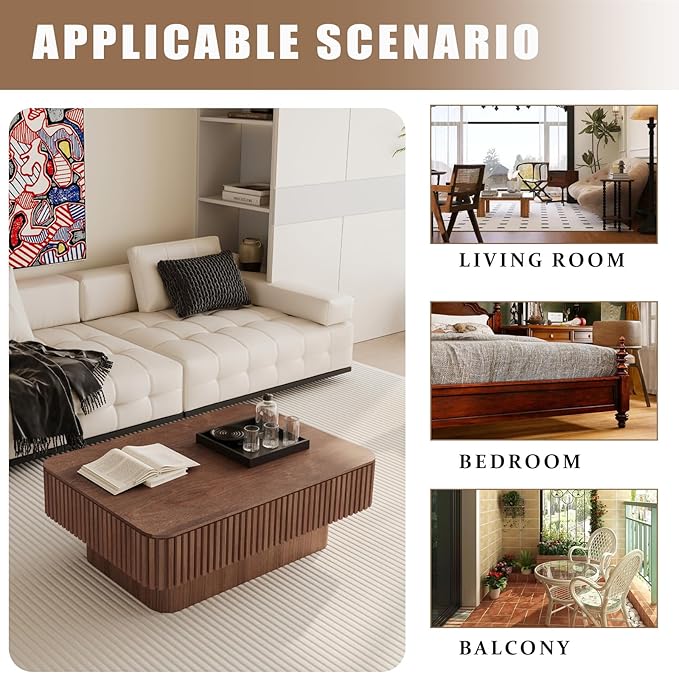 38.6" Lift Top Coffee Table with Storage, Fluted Coffee Table with Solid Wood Veneered, Mid Century Modern Wooden Center Table, Accent Tea Table for Living Room Apartment, Walnut