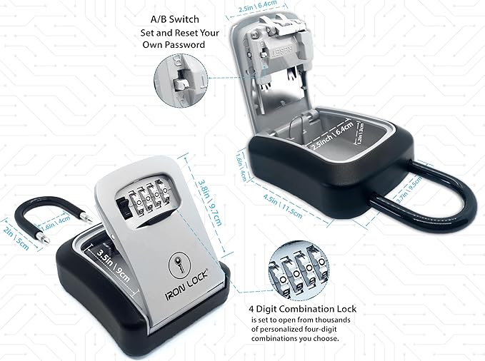 Iron Lock® Key Lock Box Portable with U-Shackle & Wall Mount – Medium Waterproof Heavy-Duty Metal Safe with 4-Digit Combination for Spare Keys Outside on Door Knob, Fence or Gate (Grey, Medium)