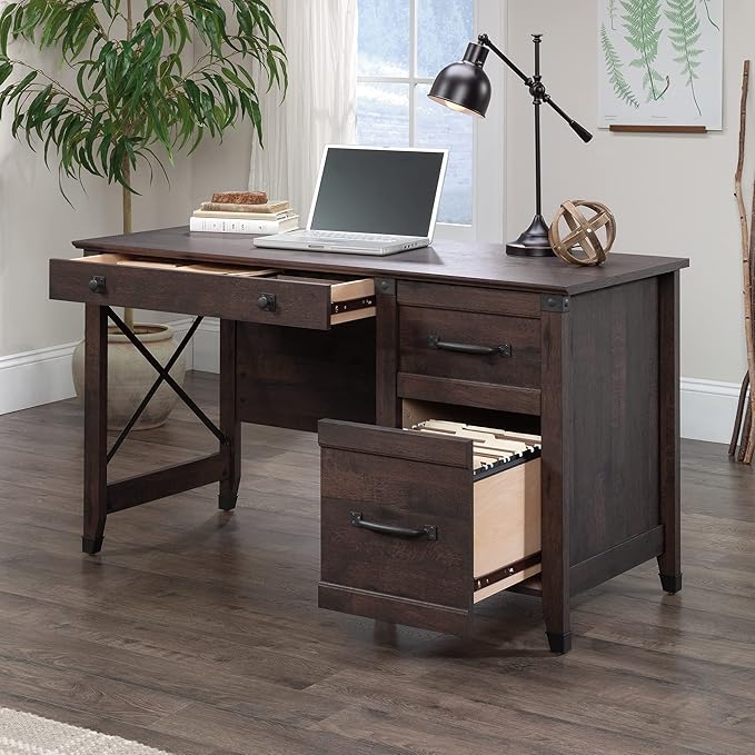 Sauder Carson Forge Vintage Rustic Computer Desk for Home Office with Drawers, in Coffee Oak