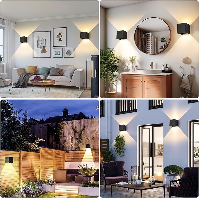 4 Pack LED Outdoor Wall Lights Exterior/Interior 3 Colors Adjustable 15W Wall Light Fixture IP65 Waterproof Porch Exterior Wall Sconce Modern Outdoor Lighting Square Aluminum Black Up and Down Lights