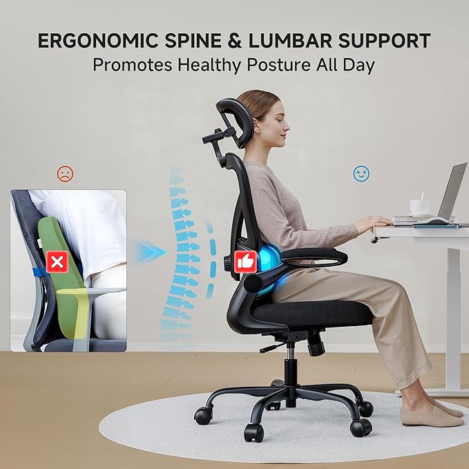 Ergonomic Office Chair with Adjustable Lumbar Support & Headrest, High Back Mesh Chair with Flip-up Armrests for Long Hours, 330 lbs Home Office Desk Chair, Black