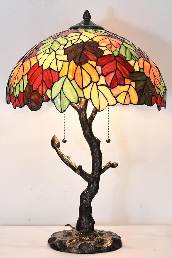 TL0032 Maple Leaves Tiffany Table Lamp Bedside Stained Glass Shade Reading Desk Light 16 X 24.25 Inches for Bedroom Living Room Home Office, LED Blubs Included (TL0032 Maple Leaves)