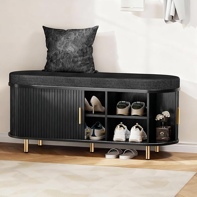 DHH Entryway Bench with Shoe Storage Fluted Shoe Storage Sliding Door and Adjustable Shelf with Cushion,2-Tier Shoe Rack Cabinet for Entryway, Bedroom, Living Room(Black)