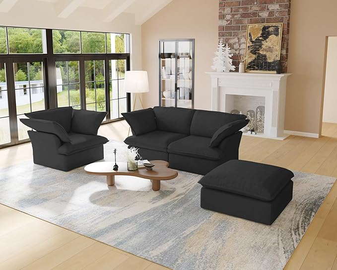 WJShome Love Seat Sofas, Modern Down Filled Modular Sectional Sofas, Cushion Covers Removable, Customizable Modular Sectional Couch for Living Room Apartment Lounge Bedroom (Black, 2 Seat)