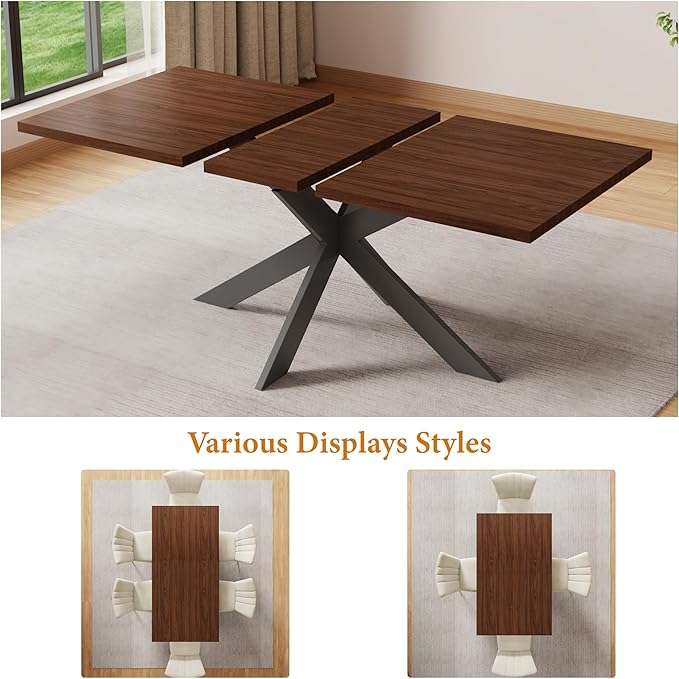 ZckyCine 63"-79" Extendable Dining Table, Modern Walnut Finish Table with Sturdy Metal Frame, Rectangular Kitchen Table for 6-8 People, Easy Assembly, Space-Saving Design
