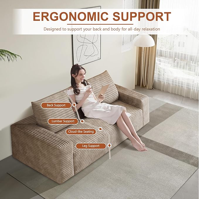 63" Corduroy Loveseat Sofa, 2-Seater Cloud Couch, Boneless Couch in a Box, Comfy Deep Seat Sofa with Memory Foam, Pillows and Wide Armrests, Modern Small Couches for Small Spaces, No Assembly (Camel)