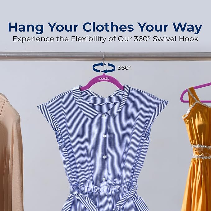 SereneLife 50 Pack Velvet Hangers - Non-Slip, 360° Swivel Hook - Ultra-Thin, Lightweight Velvet Hangers for Shirts, Sweaters, Hoodies, Kids Clothes & Dresses - Space-Saving