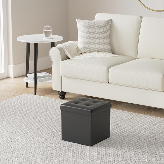 B FSOBEIIALEO Folding Storage Ottoman Cube Footrest Faux Leather for Living Room Seat Chest Black 12.6"X12.6"X12.6"