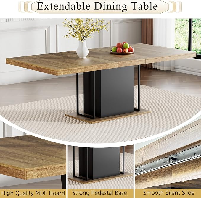 Goujxcy 78.7" Farmhouse Extendable Dining Room Table Set for 4, 5-Piece Rectangle Kitchen Dining Room Table Set with Wood Base and 4 Orange Velvet Dining Chairs, Extending Kitchen & Dining Table Set