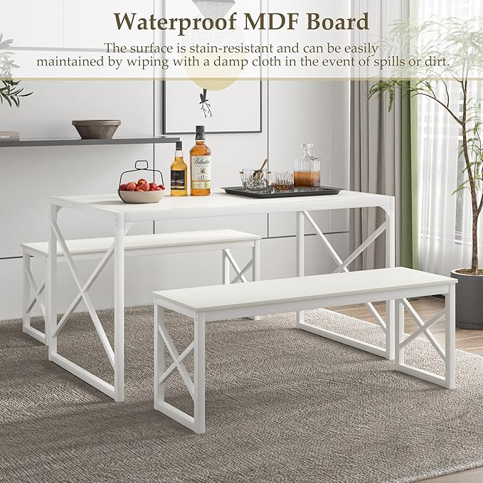 VECELO Kitchen Dining Table Benches Set for 4, 55" Wooden Dinette with 2 Benches, Heavy-Duty Dining Room Table for Small Space, Breakfast Nook, White
