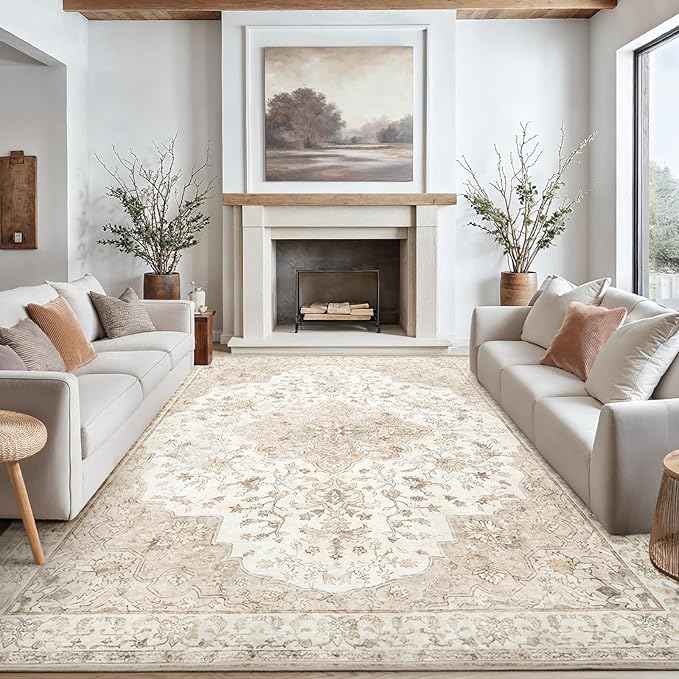 AMADA HOMEFURNISHING 8x10 Washable Area Rug, Low-Profile Large Area Rug with Non-Slip Backing & Durable Edge Binding, Vintage Large Rugs for Living Room, Bedroom, Dinning Room