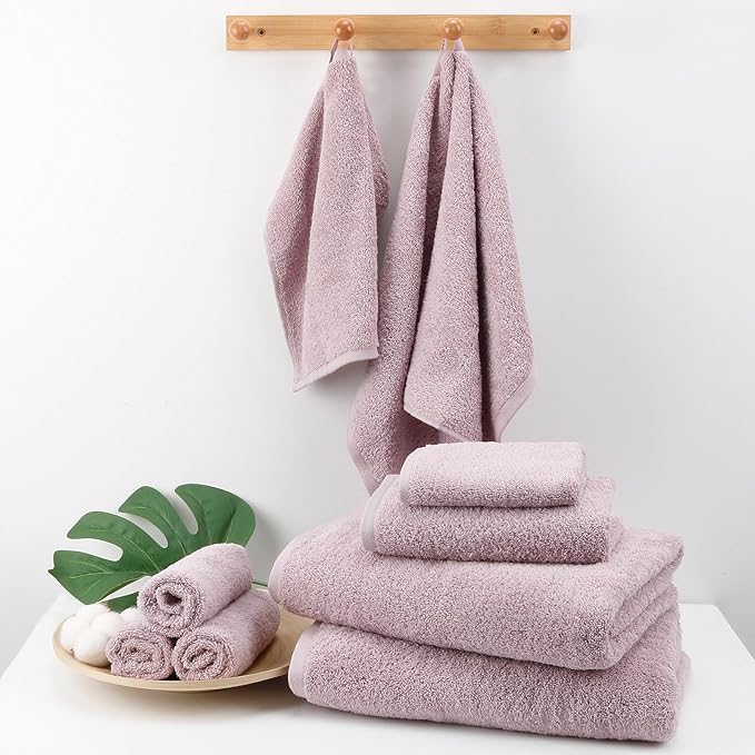 SEMAXE 18-Pack Bath Towel Set Include 6 Bath Towels, 6 Hand Towels, 6 Wash Cloths, 100% Cotton Bathroom Towels with Hanging Loops and Nano-Bio Lifecycle Labels, Soft & Absorbent Towel, Purple