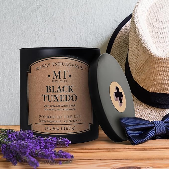Manly Indulgence Black Tuxedo Candles for Men, 2 Wick, 16.5 oz, Premium Soy Blend Wax, 60H Burn, Candles for Home Scented - Made in The USA