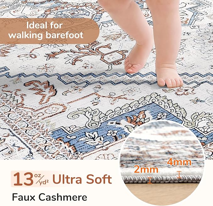 OPPODREAM Thin Neutral Area Rugs 3x5, Washable Rugs with Non Slip Backing, Low-Pile Throw 3x5 Carpet, Faux Cashmere 3 x 5 Carpet, Cream White & Blue & Light Brown