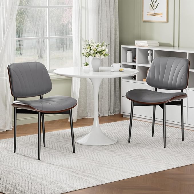 Dining Chairs Set of 8, Mid-Century Modern Upholstered PU Leather Chairs with Walnut Back and Metal Legs Adjustable Feet for Kitchen Dining Room, Dark Gray Shell Strips