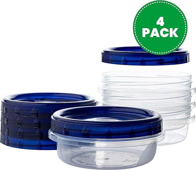 PLASTICPRO [8 oz 4 Pack] Deli Containers Clear bottom With blue Top Twist on Lids Reusable, Stackable, Food Storage Freezer Container