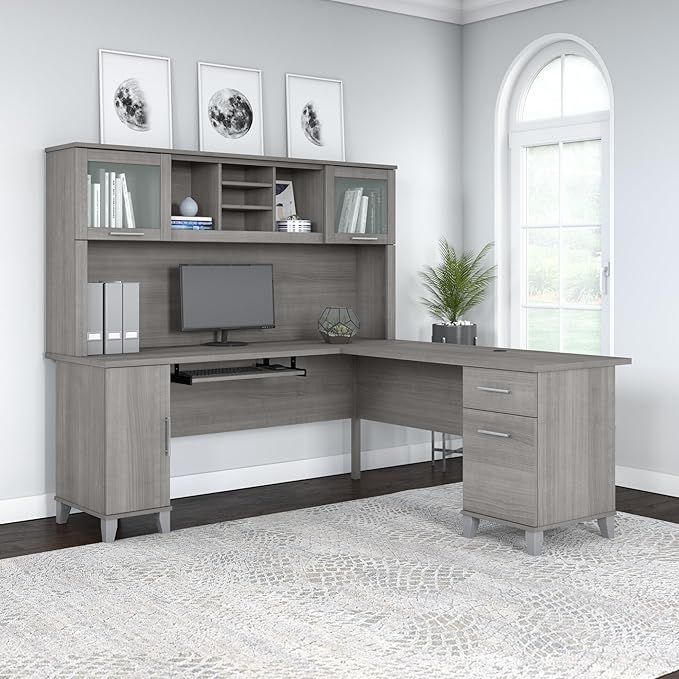 Bush Furniture Somerset L Shaped Desk with Hutch in Platinum Gray | Corner Computer Table with Drawers, Cabinets and Pullout Keyboard/Laptop Tray for Home Office