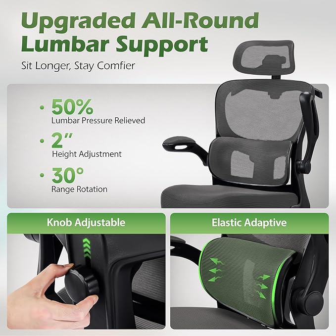 Office Chair Ergonomic Desk Chairs with Adjustable Lumbar Support& Headrest Hanger, High Back Breathable Mesh Chair with Wheels, Rolling Swivel Comfy Task Computer Chair for Home Work Gaming