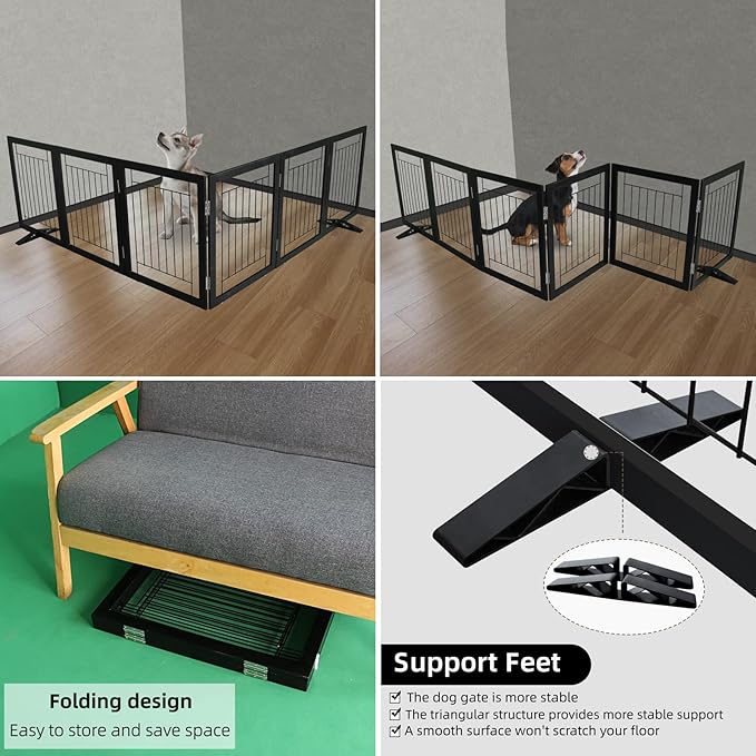 ZJSF Freestanding Dog Gate Indoor, Foldable Dog Fence for Doorways,Hallways or Stairs, Sturdy Wood Extra Wide Pet Gate with Support Feet,Black,32 "Height-6 Panels