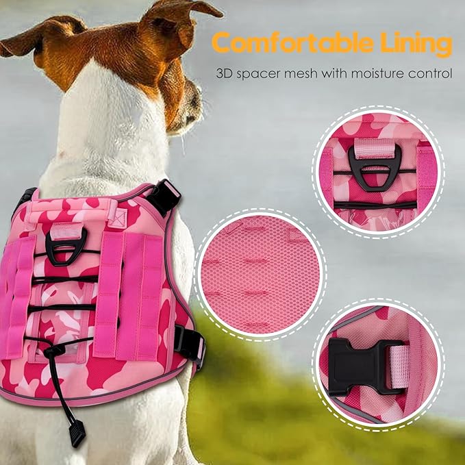 Heavy-Duty Tactical Dog Harness for Large Dogs, No Pull Adjustable Reflective Pet Vest with Molle System, K9 Military-Grade Control for Service Training, Outdoor & 10+ Breeds, Pink Camo, XX-Large