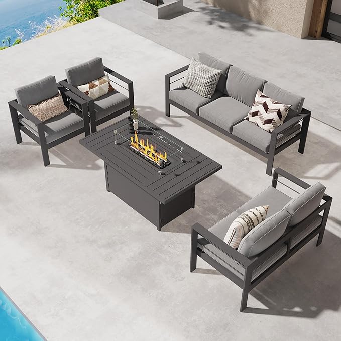 Wisteria Lane 7 Seats Aluminum Outdoor Patio Furniture Set with 54 Inch Propane Gas Fire Pit Table, Modern Patio Conversation Sets with Outdoor Sectional Couch for Backyard, Garden, Dark Grey