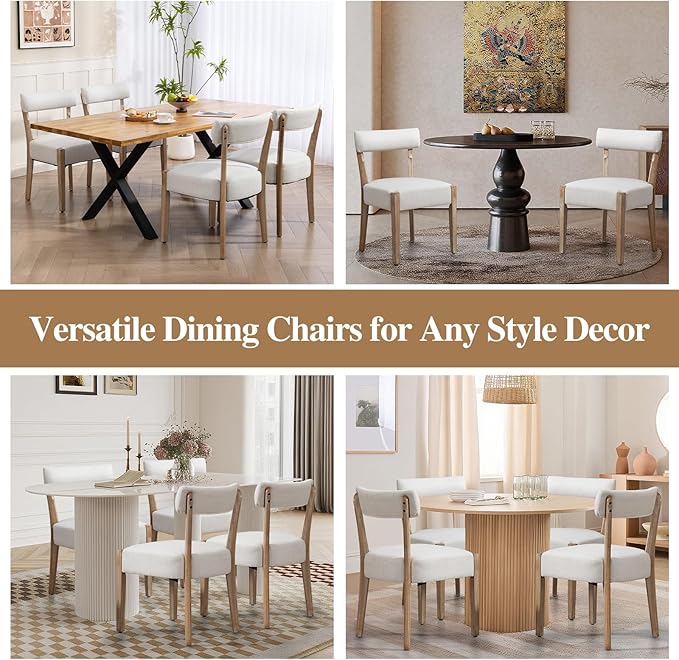 Dining Chairs,4 Pack Mid-Century Modern Wooden Kitchen Chairs with Linen Upholstery - Low-Back Woven Design for Kitchen & Dining Room,Beige Fabric