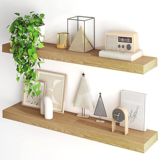 Fun Memories Floating Shelves for Wall, 40Inch Floating Shelves Set of 2, Hanging Shelf with Invisible Brackets, Wood Shelves for Living Room, Bedroom, Kitchen, Oak