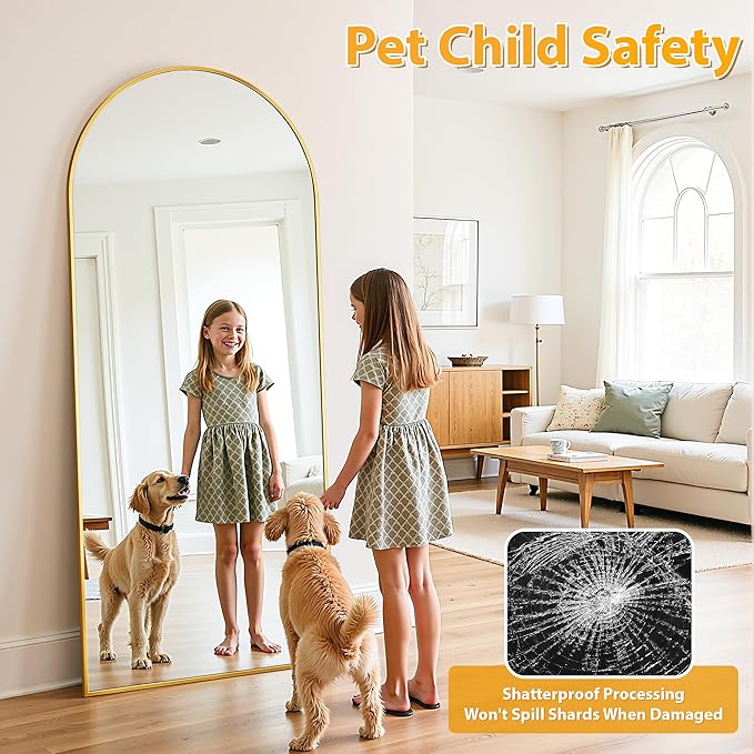 Full Length Mirror, 58"x18" Oversized Floor Mirror Freestanding, Full Body Mirror Floor Standing Mirrors with Stand, Hanging Mounted Mirrors for Bedroom Living Room, Gold, Arched Style