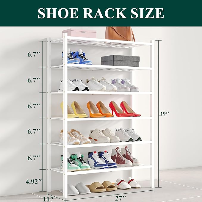 Smiry Shoe Rack, 6 Tier Bamboo Shoe Organizer, Stackable Free Standing Wooden Shoe Storage Shelf for Closet, Entryway, Front Door Entrance, White