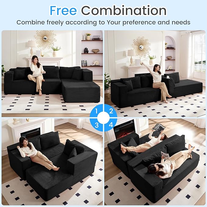 PUREMIND 106" Black Sectional Couches for Living Room, Cloud Couch Modular Sectional Sofa, Corduroy L Shape Sofa with Deep Seat, Modular Boneless Foam Couch Corner Couches No Assembly Required