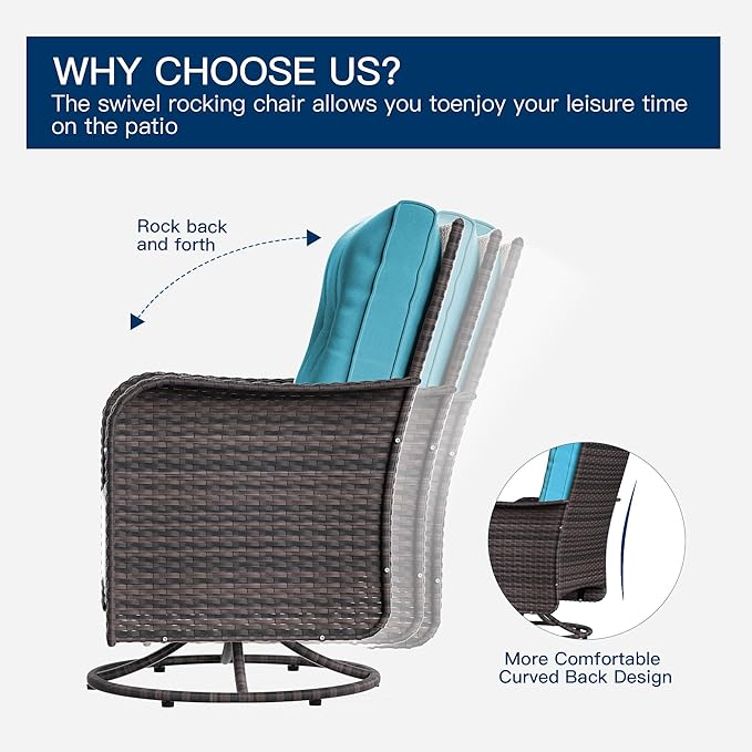 Kurapika 13 Pieces Patio Furniture Set, Rattan Wicker Outdoor Conversation Sets w/43in Propane Fire Pit Table, Swivel Rocking Chairs Patio Sectional Sofa w/4 Inch Cushion, Blue