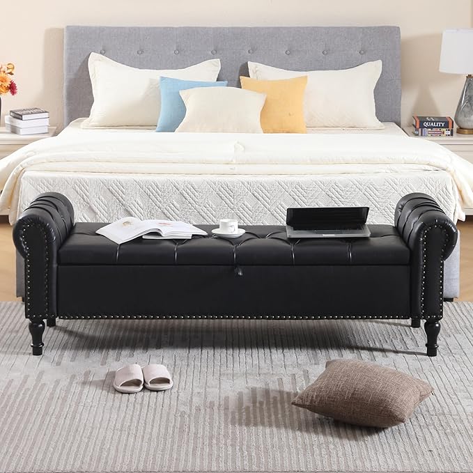 Leather Storage Bench 67 Inch Upholstered Tufted Ottoman Bench with Arms King Size End of Bed Bench for Bedroom Living Room Entryway Black