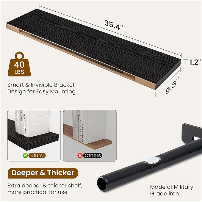 Fun Memories 36 Inch Floating Shelves, 9.3 Inch Deep Rustic Wall Shelves - Extra Deeper Wall Mounted Storage Shelves for Bathroom, Kitchen, Living Room (Black, Set of 2)