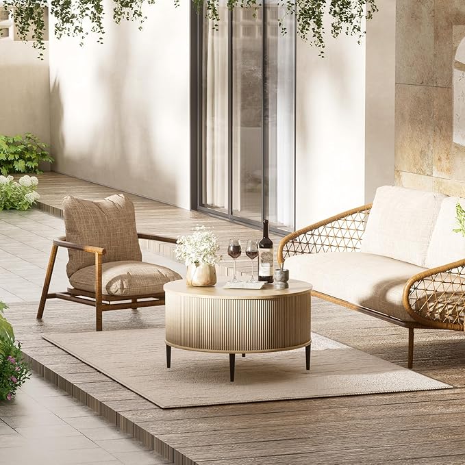 Yechen Round Coffee Table with Storage, 31.5" Flip-top Fluted Center Table, Midcentury Modern Lift Top Curved Table for Living Room,Natural