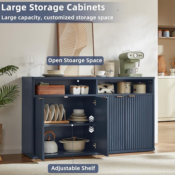 LEYAOYAO Fluted Buffet Cabinet with Storage, 55" Wide Wood Sideboard Credenza with 4 Doors & Open Storage Shelf, Modern Kitchen Console Accent Cabinets, Coffee Bar Table for Dining Room, Dark Blue