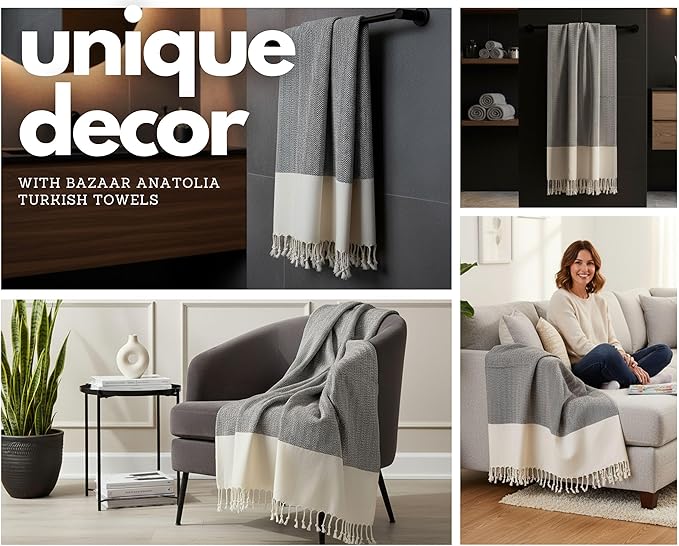 Bazaar Anatolia Turkish Beach Towel 100% Cotton Bath Towels 71x39 Quick Dry Sand Free Lightweight Large Oversized Herringbone Black