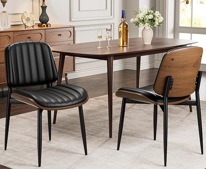Dining Chairs Set of 8, Mid-Century Modern Upholstered PU Leather Chairs with Walnut Bentwood Back and Metal Legs Adjustable Feet for Kitchen Dining Living Room, Dark Black Vertical Stripes
