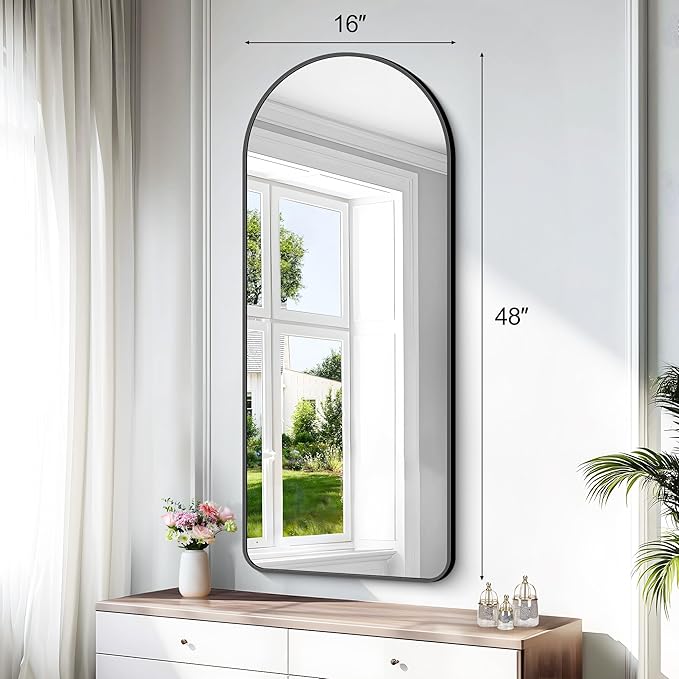 Arched Bathroom Mirror, 16"x48" Black Arched Mirror for Bathroom, Wall Mounted Mirror, Vanity Wall Mirror w/Metal Frame for Bedroom, Entryway, Living Room, Vertically Hanging