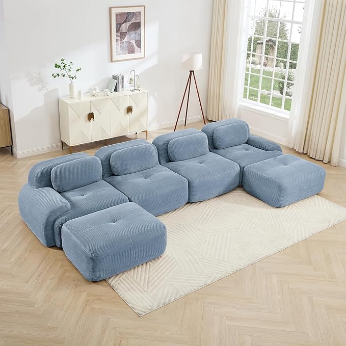 152" Modern Corduroy Cloud Sofa with Ottoman, U Shaped Boneless Modular Large Sectional Couches for Living Room, Blue 4 Seater Compressed Memory Foam Couch, Extra Deep Seat, No Assembly