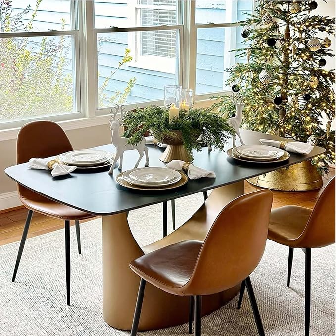 POVISON 63" Hobart Modern Dining Table for 4, Matte Black Heavy-Duty Rectangle Dining Table, Sintered Stone Dining Tabletop with Bronze Carbon Steel Pedestal (Table Only)