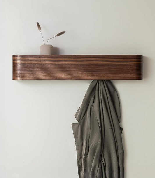 Kazai. Wall-Mounted Coat Rack 'Toke' - Modern Design Coat Rack with Hidden Wall Hooks - Solid Wood Veneer Panel Coat Hanger - Walnut